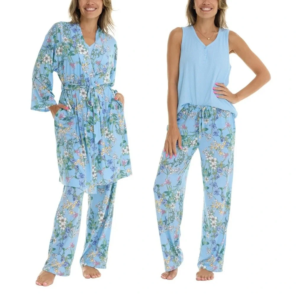 Flora Nikrooz Womens 3-Piece Pajama Set Blue Floral Robe Tank Pants 2XL New